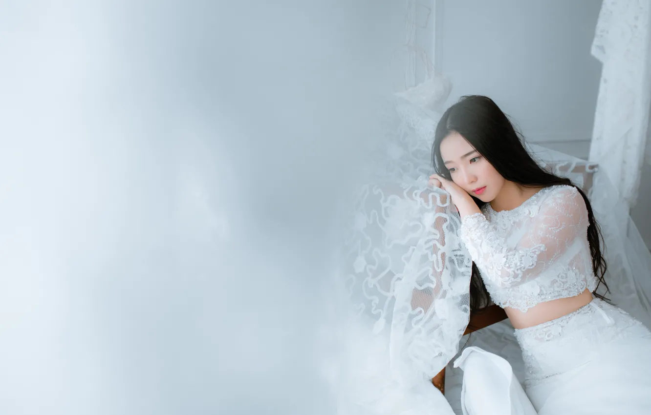 Photo wallpaper white, look, girl, face, pose, style, room, portrait