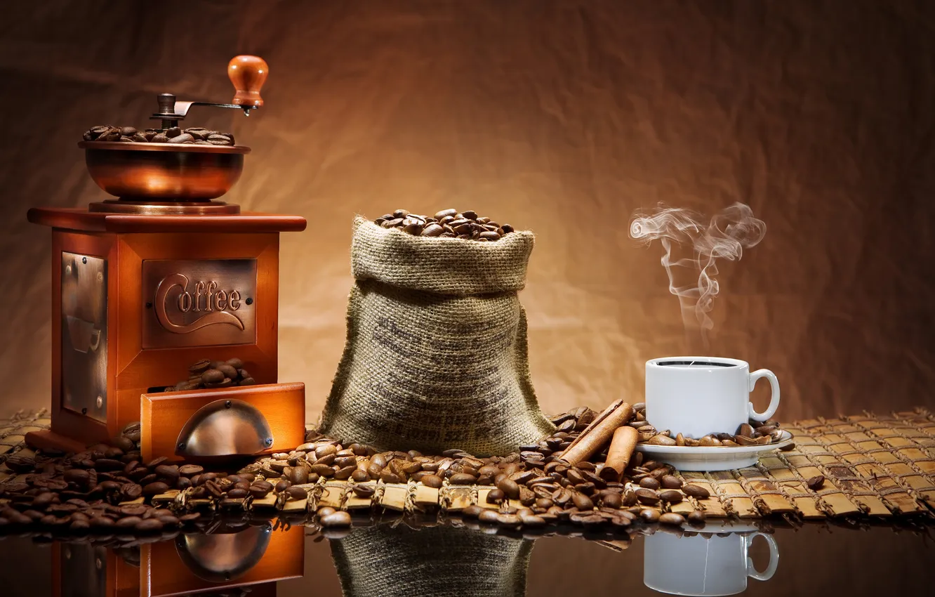 Photo wallpaper coffee, cinnamon, coffee beans, aroma, coffee grinder