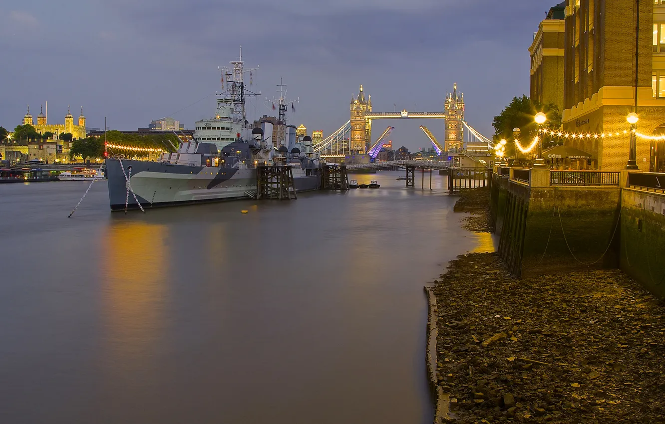 Photo wallpaper night, bridge, lights, river, ship, England, London