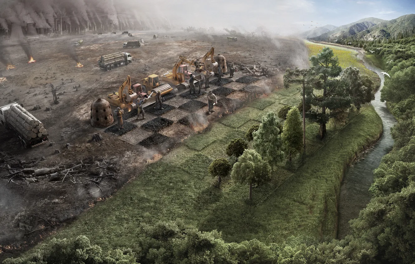 Photo wallpaper nature, fire, river, destruction