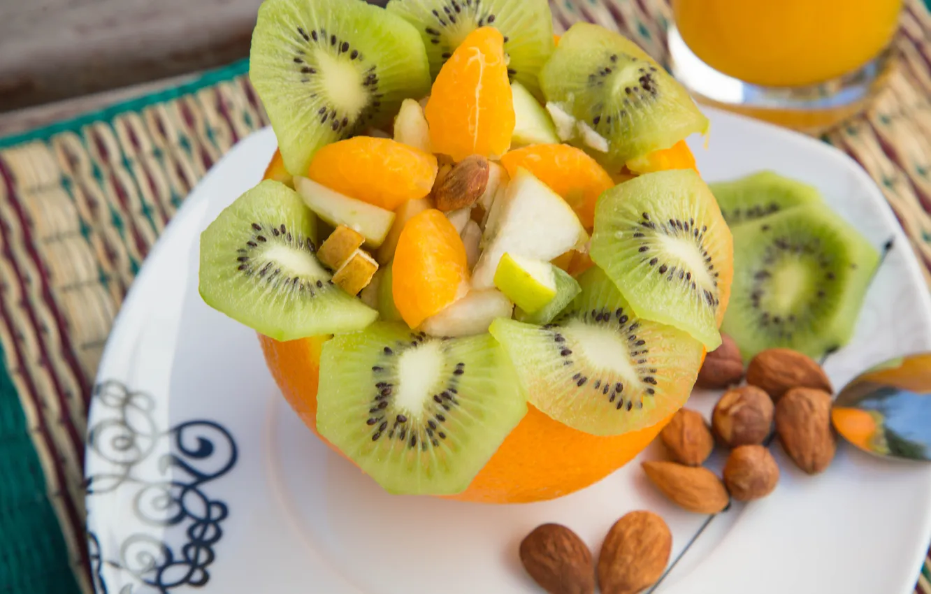 Photo wallpaper apples, orange, kiwi, nuts, salad