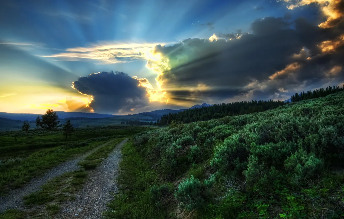 Photo wallpaper road, the sky, clouds, sunset, nature, photo, dawn, HDR
