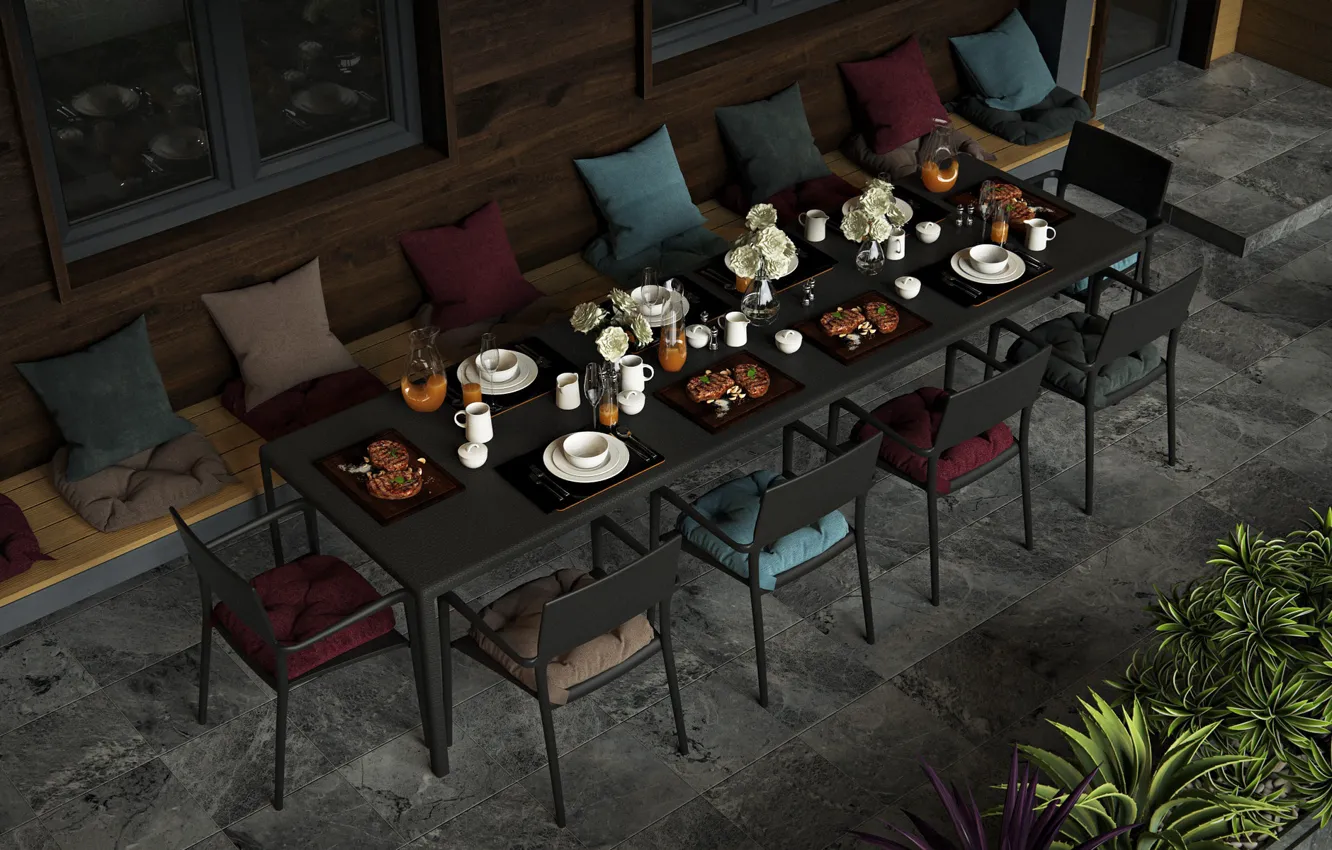 Photo wallpaper table, dining room, servirovka, exterior day, Bathhouse