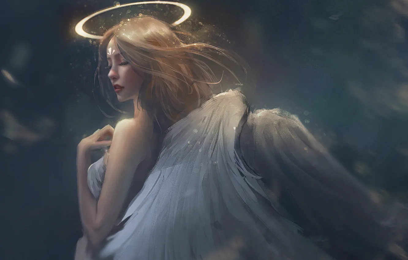 Photo wallpaper lights, grey background, halo, angel, tail, closed eyes, white wings, sideways