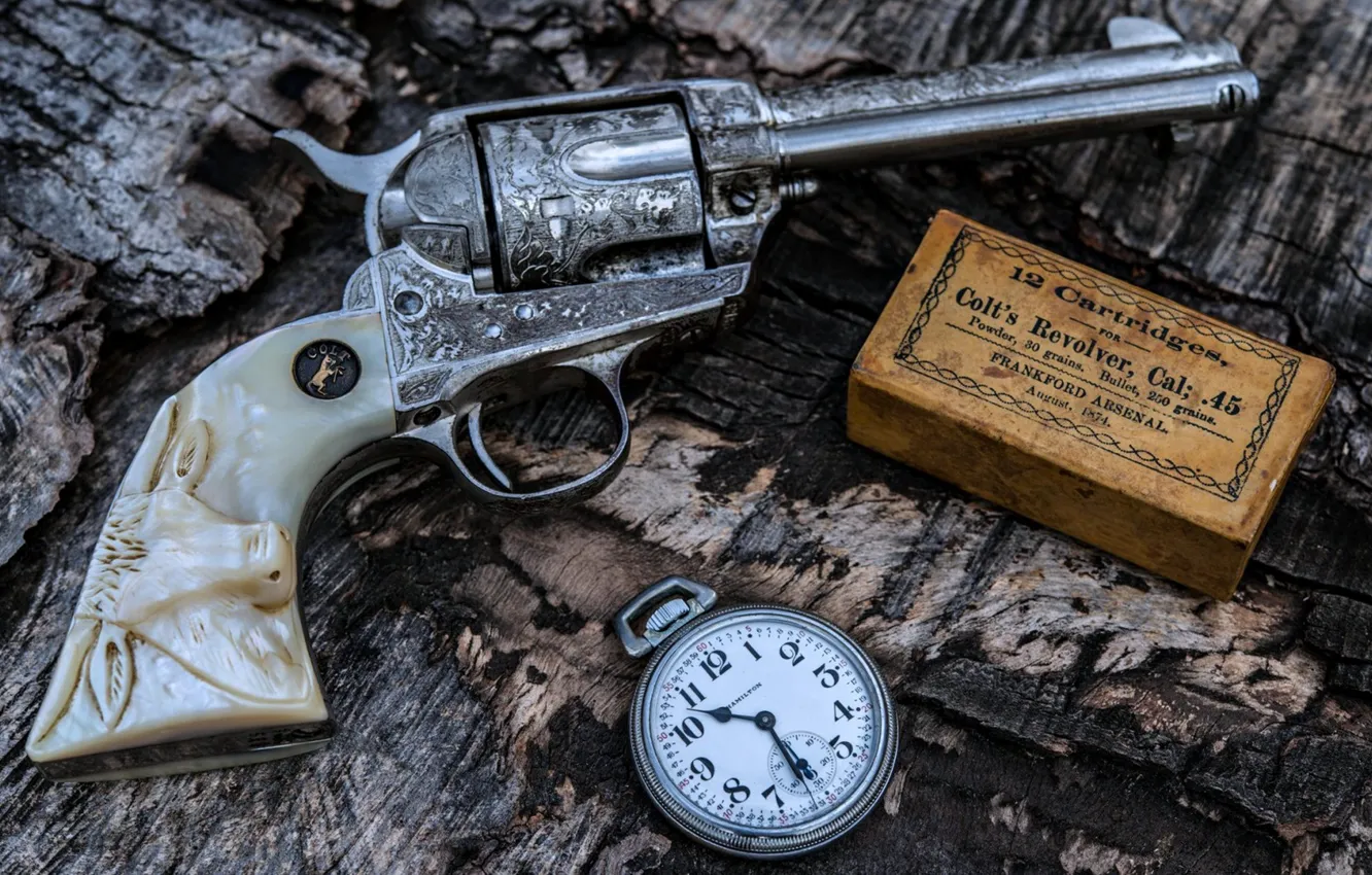 Photo wallpaper Gun, Bullets, Colt, Weapon, Pistol, Clock
