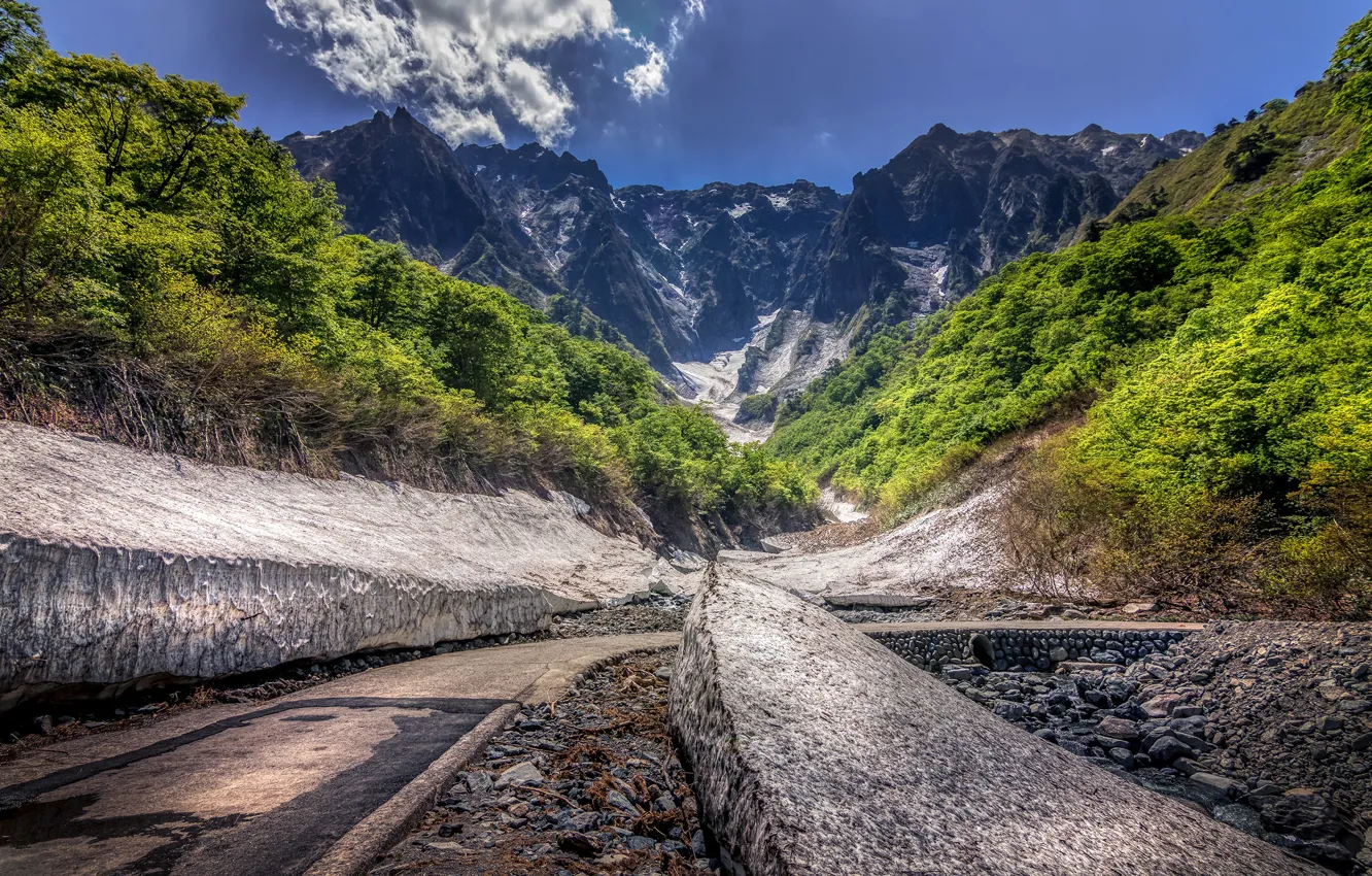 Photo wallpaper forest, the sun, clouds, trees, mountains, stones, rocks, Japan