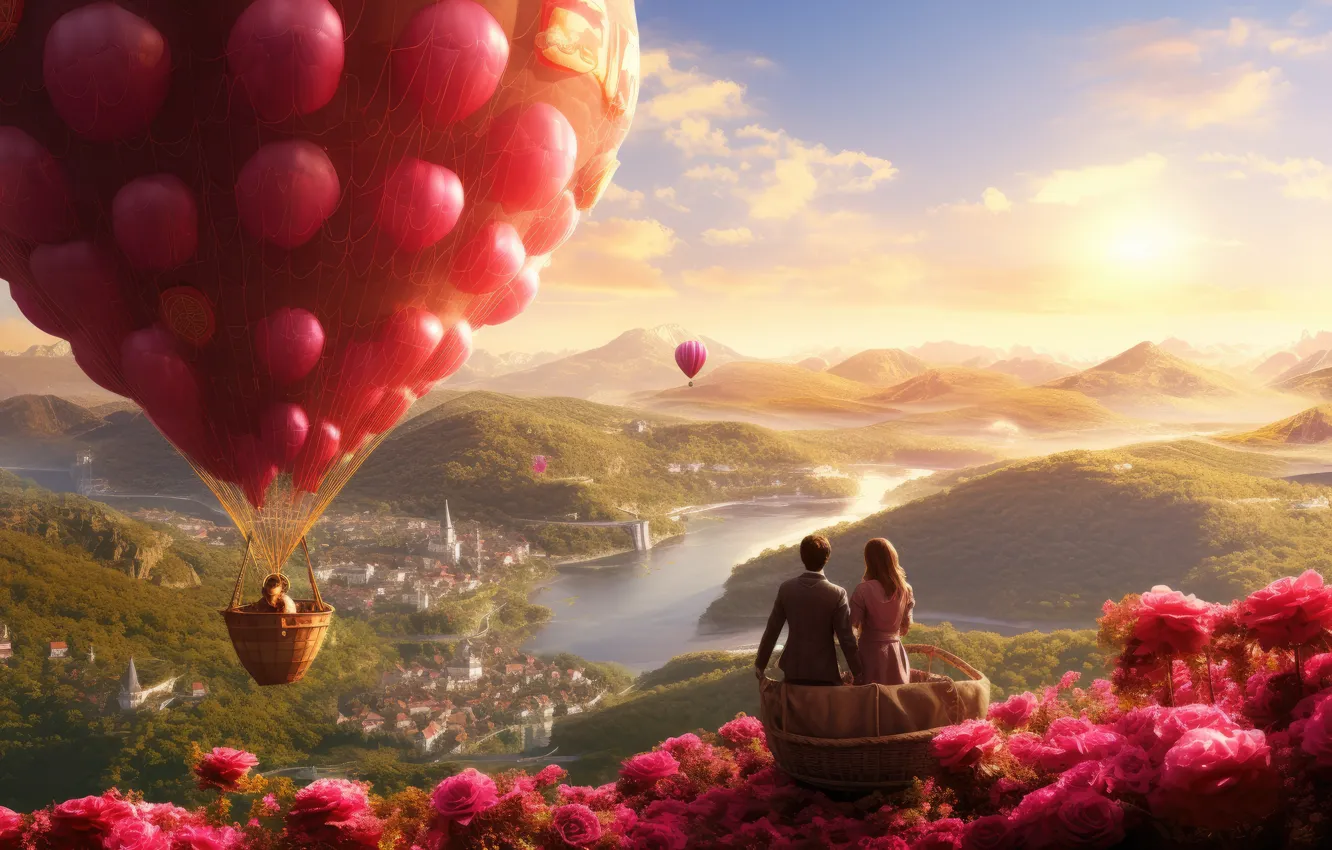 Photo wallpaper flowers, the, AI art, male, girl, haze, dal, balloon