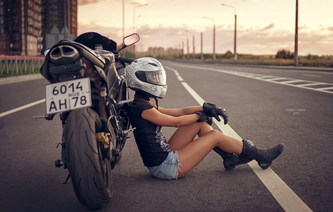 Photo wallpaper girl, landscape, pose, model, shorts, Mike, figure, motorcycle