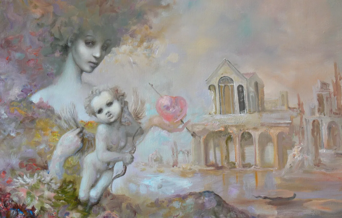 Photo wallpaper heart, angel, arch, Surrealism, Lazarev I. A, sunken house