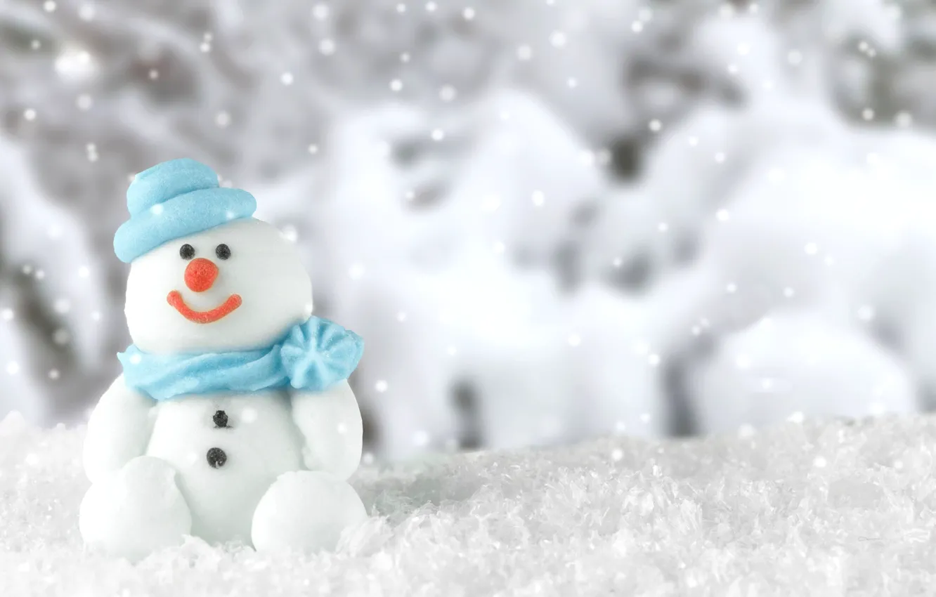 Photo wallpaper winter, forest, snow, smile, holiday, blue, toy, blur