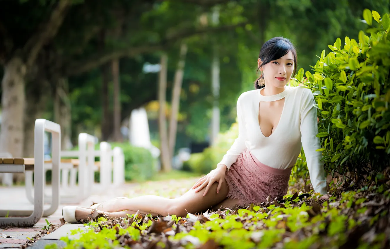 Photo wallpaper girl, Park, Asian, bokeh