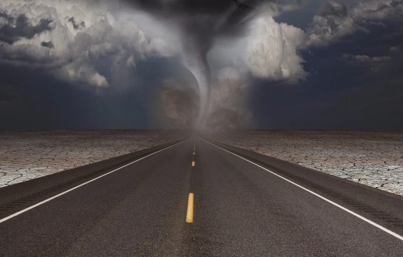 Photo wallpaper road, landscape, element, track, tornado