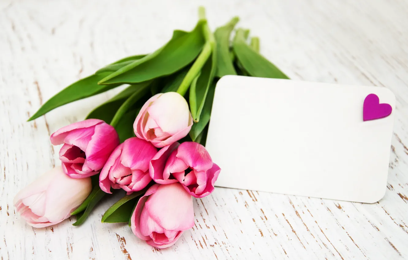 Photo wallpaper flowers, bouquet, tulips, love, pink, heart, wood, pink
