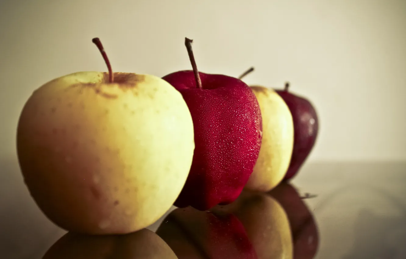 Photo wallpaper drops, reflection, apples, Apple