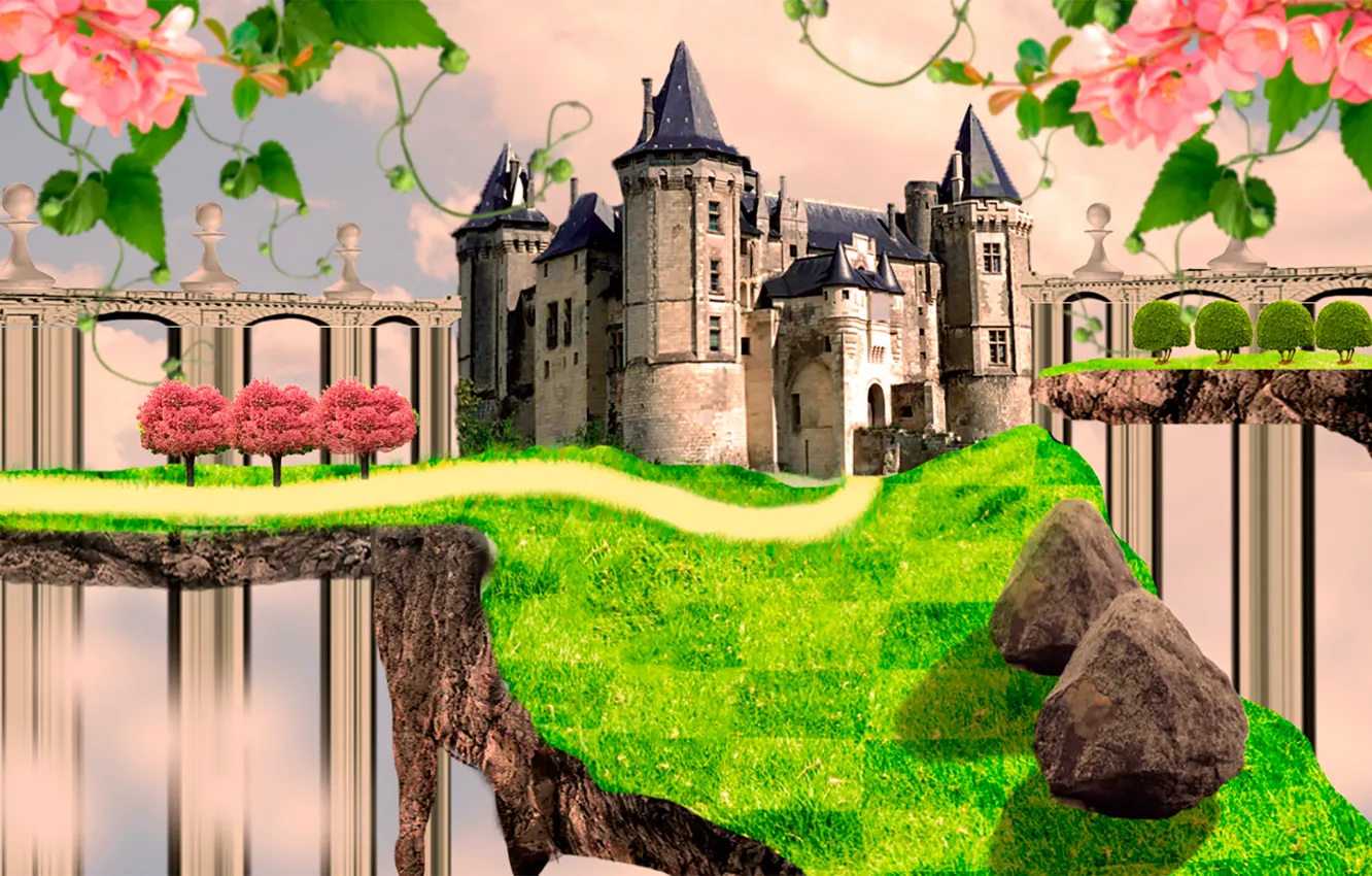 Photo wallpaper clouds, trees, bridge, castle, rocks