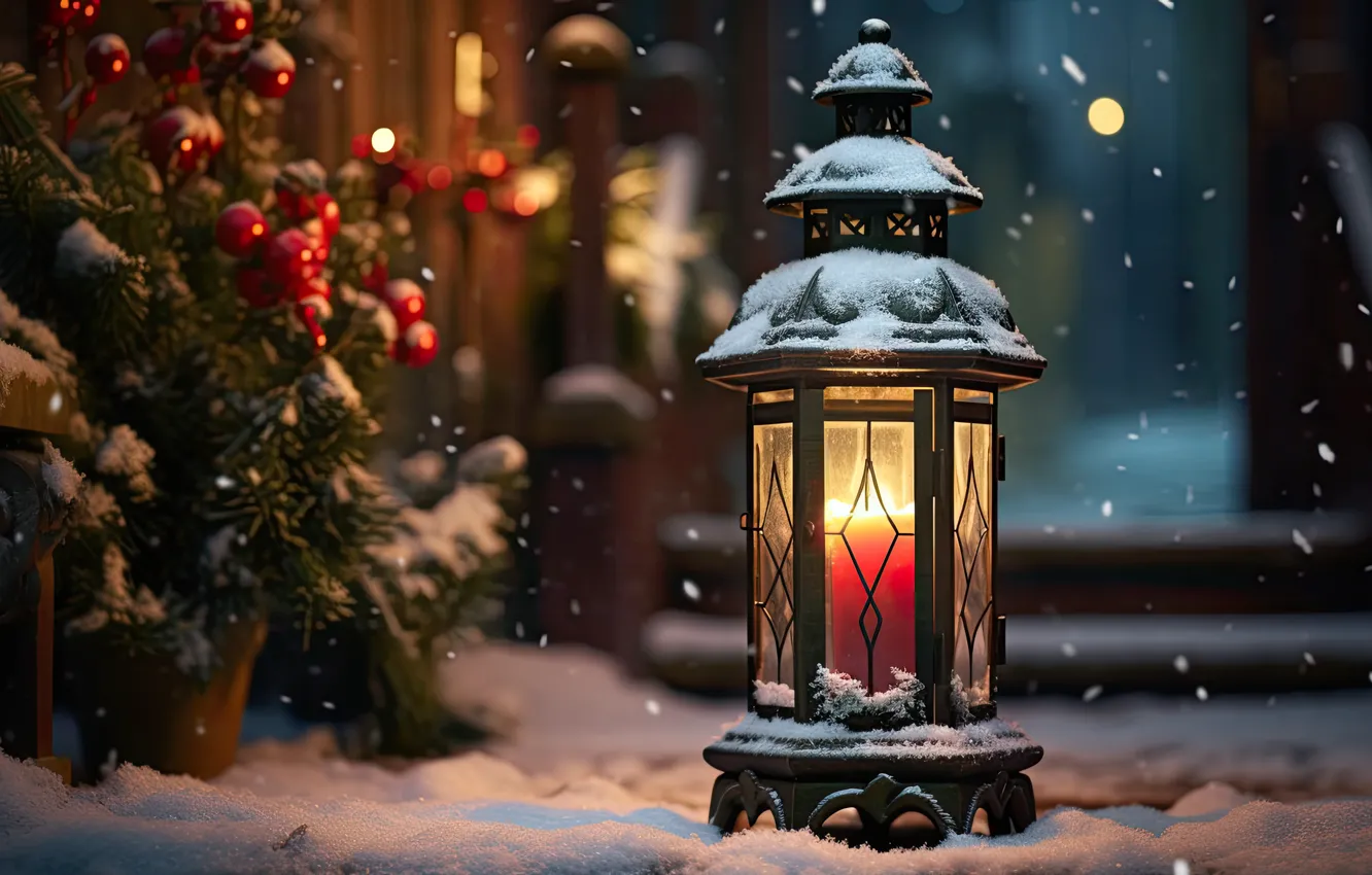 Photo wallpaper winter, snow, decoration, night, new year, Christmas, lights, light