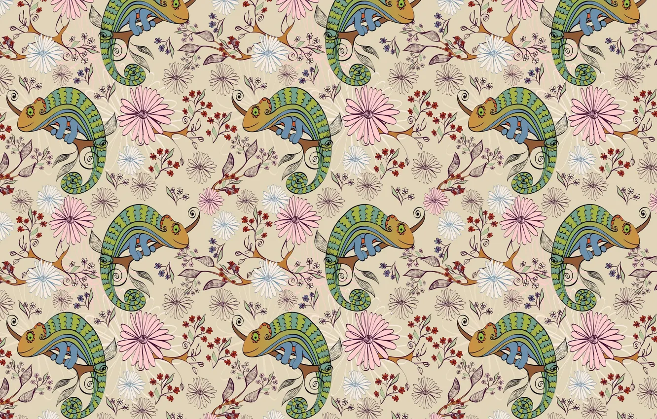 Photo wallpaper flower, background, pattern, branch, texture, lizard, art