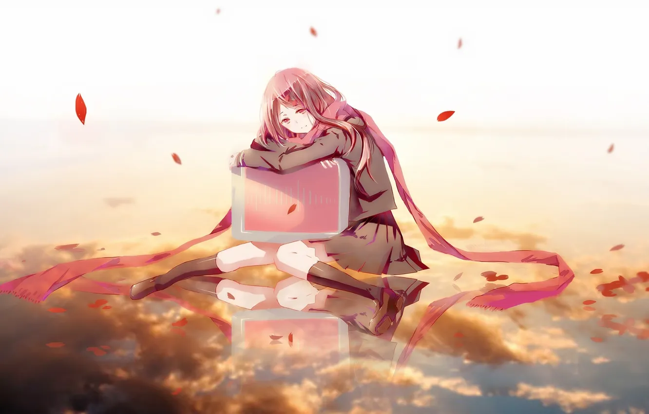 Photo wallpaper look, leaves, girl, clouds, smile, reflection, scarf, blush