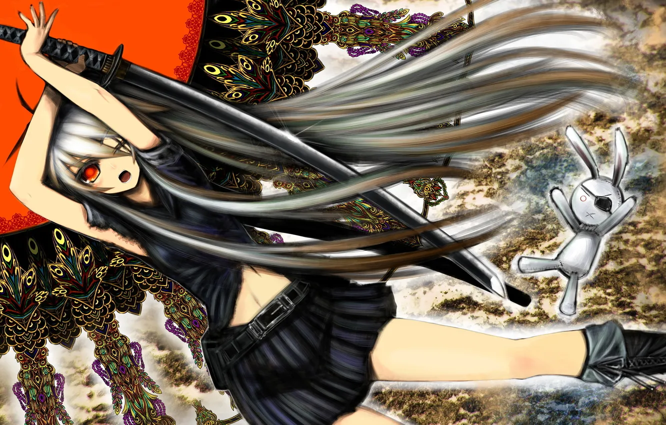 Photo wallpaper girl, pattern, skirt, katana, warrior, white rabbit, plush
