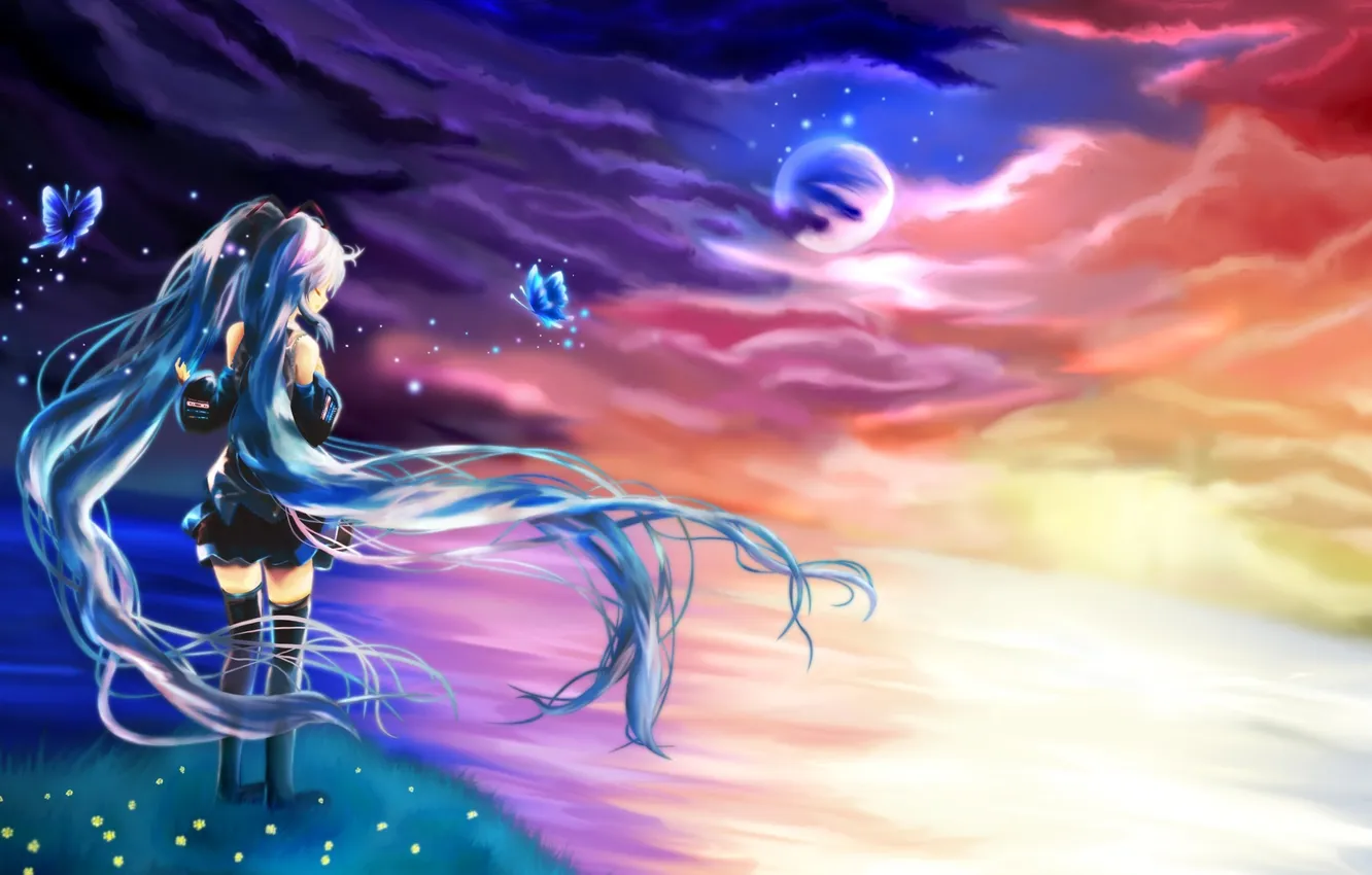 Photo wallpaper sea, girl, stars, sunset, the moon, butterfly, shore, art