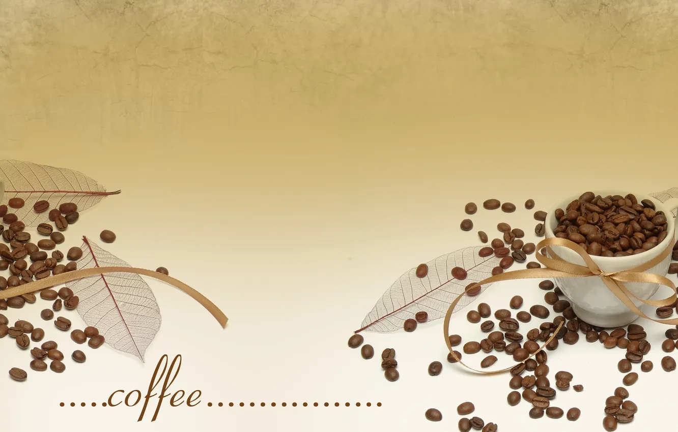 Photo wallpaper the inscription, coffee, coffee beans, leaves, ribbons, coffee, кружкf