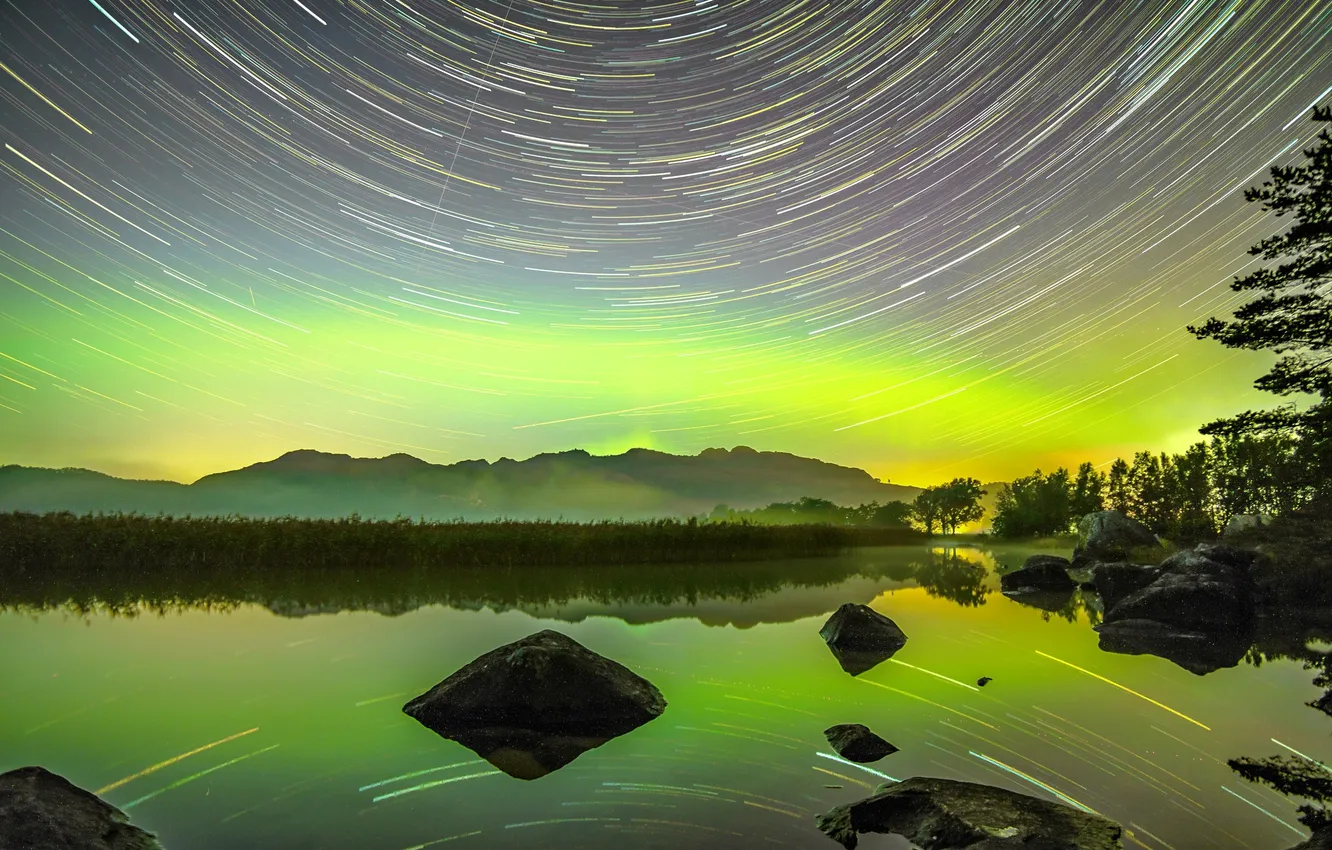 Photo wallpaper the sky, stars, trees, mountains, nature, lake, stones, glow