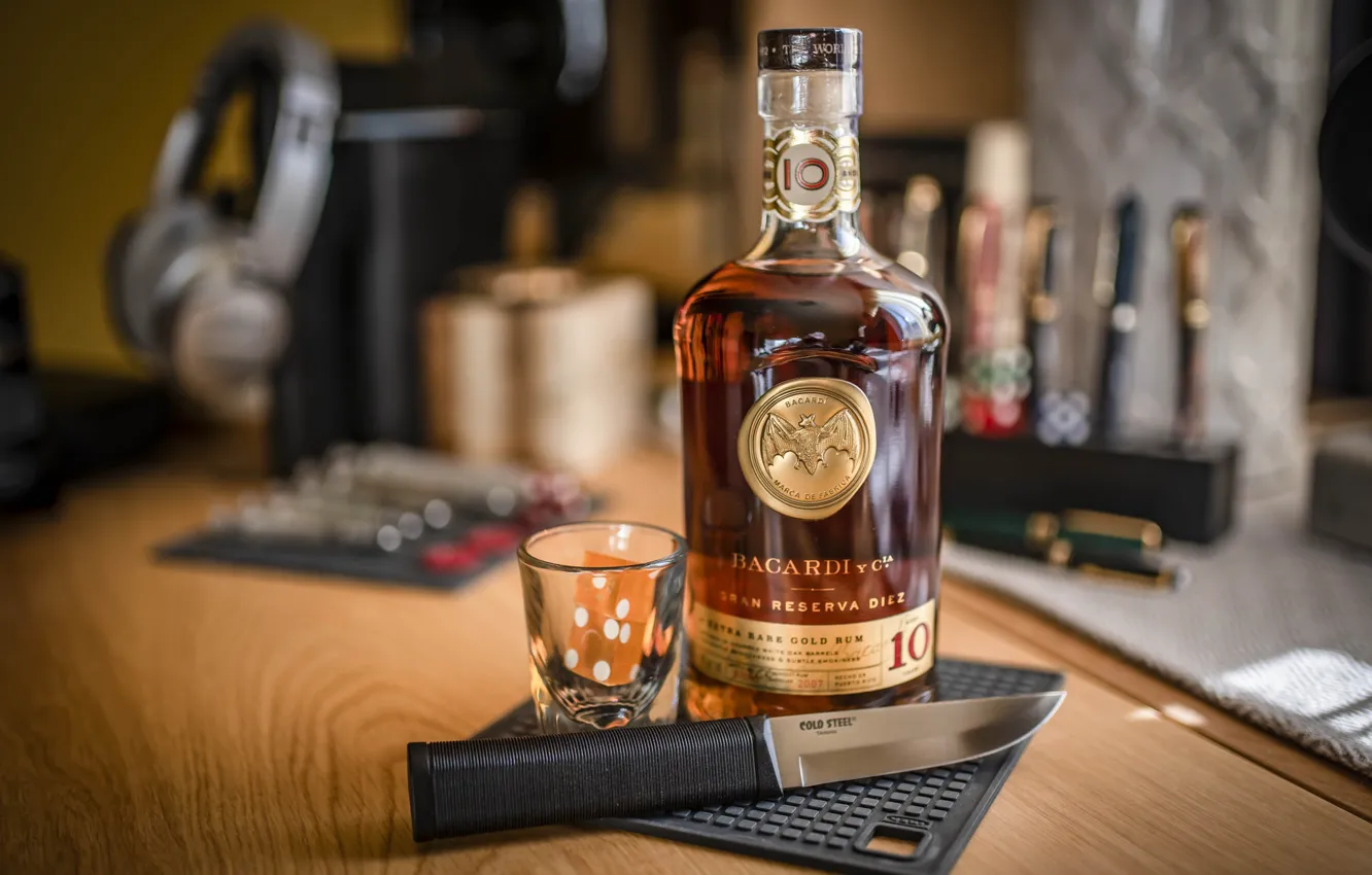 Photo wallpaper bottle, knife, rum, brand, Bacardi