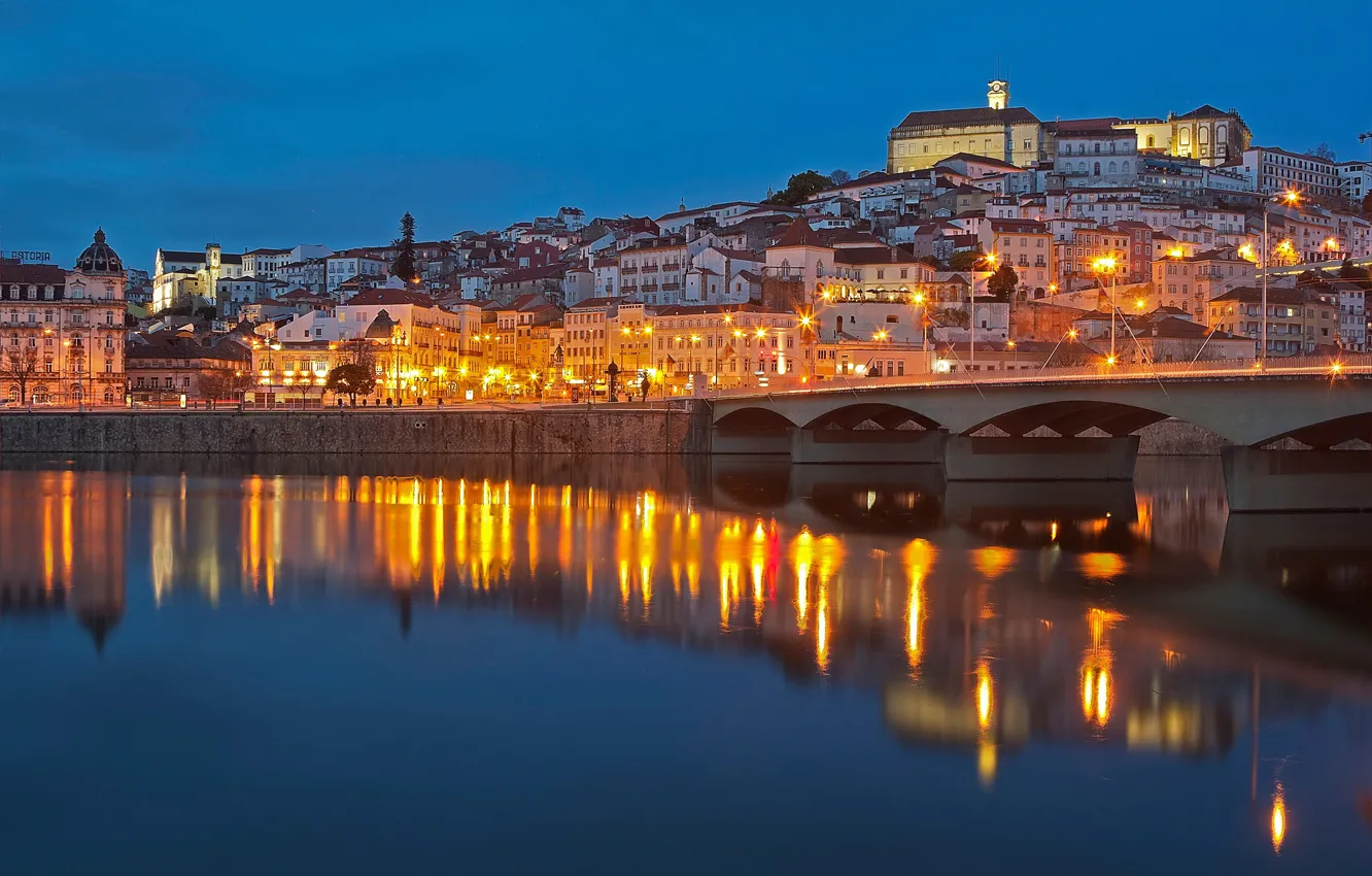 Photo wallpaper bridge, river, building, home, Portugal, night city, Portugal, Coimbra