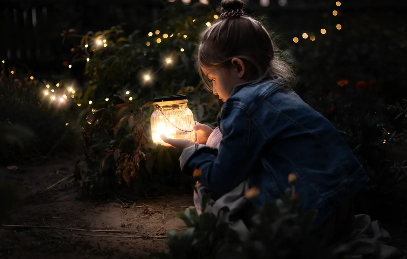 Photo wallpaper fireflies, lights, girl, Bank