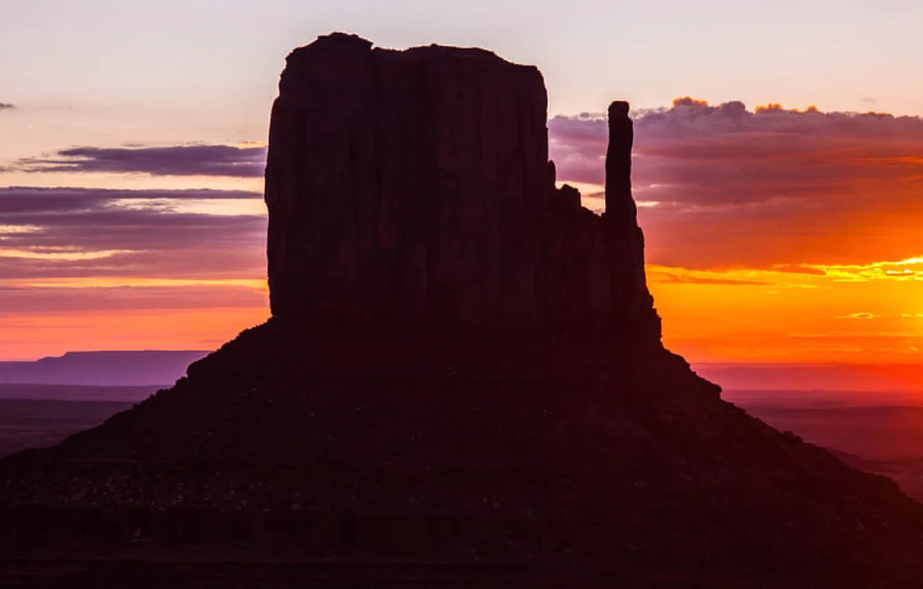 Photo wallpaper the sun, sunset, mountains, rocks, USA, Monument valley