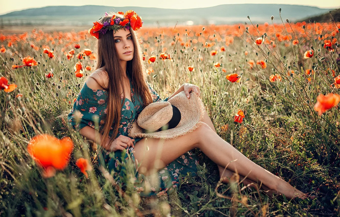 Photo wallpaper field, look, girl, the sun, flowers, nature, pose, model