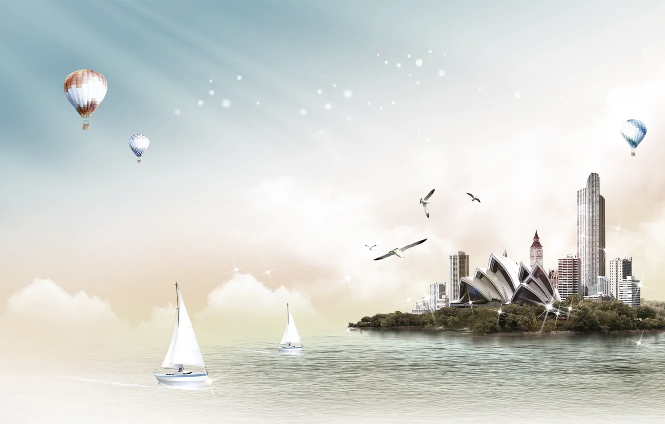 Photo wallpaper sea, the city, balls, seagulls, yacht
