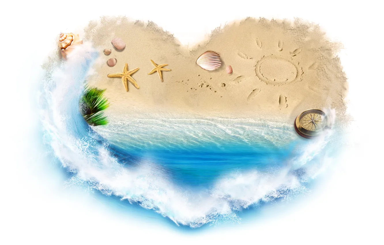 Photo wallpaper sand, sea, water, squirt, creative, heart, shell, compass