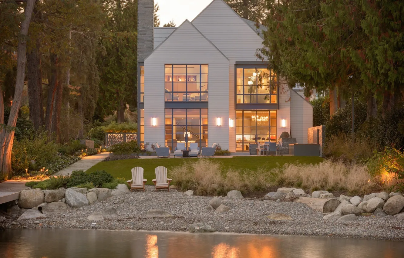 Photo wallpaper style, the evening, pier, lighting, architecture, terrace, by Stuart Silk Architects, tranquil tree-lined property