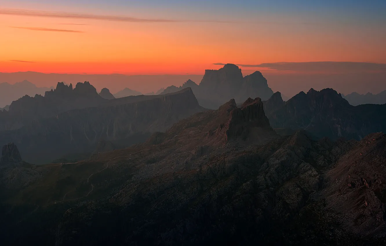 Photo wallpaper the sky, clouds, sunset, mountains, fog, stones, rocks, tops