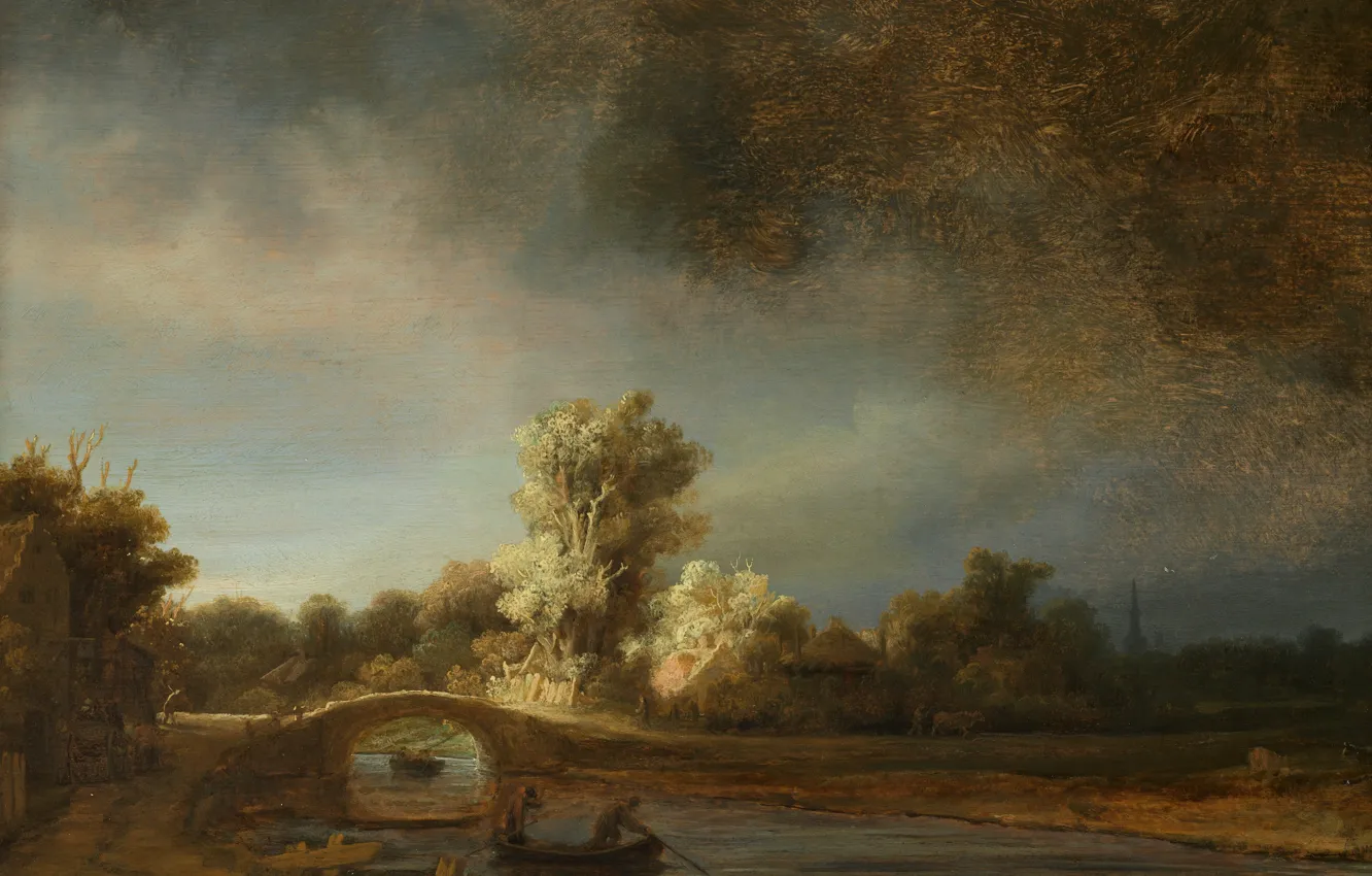Photo wallpaper landscape, river, boat, picture, Rembrandt van Rijn, Stone bridge