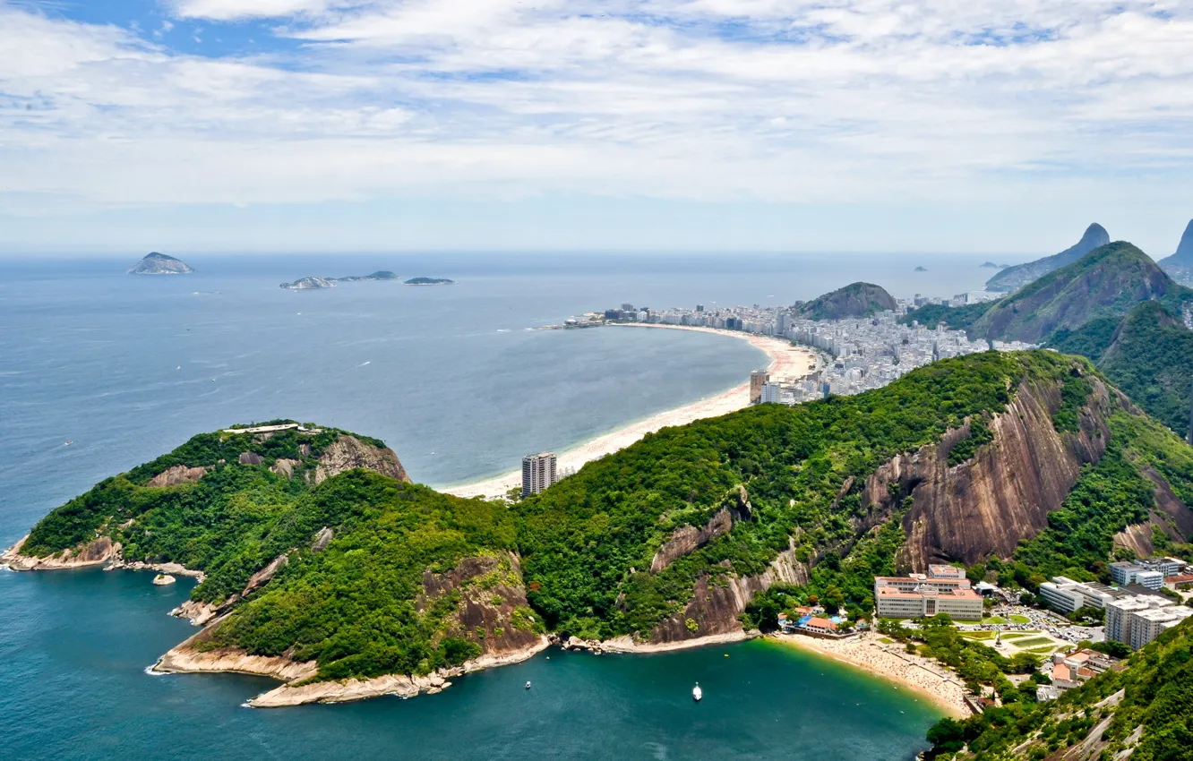Photo wallpaper sea, mountains, boats, Brazil, Brasil, Rio de Janeiro, islets, Copacabana Beach