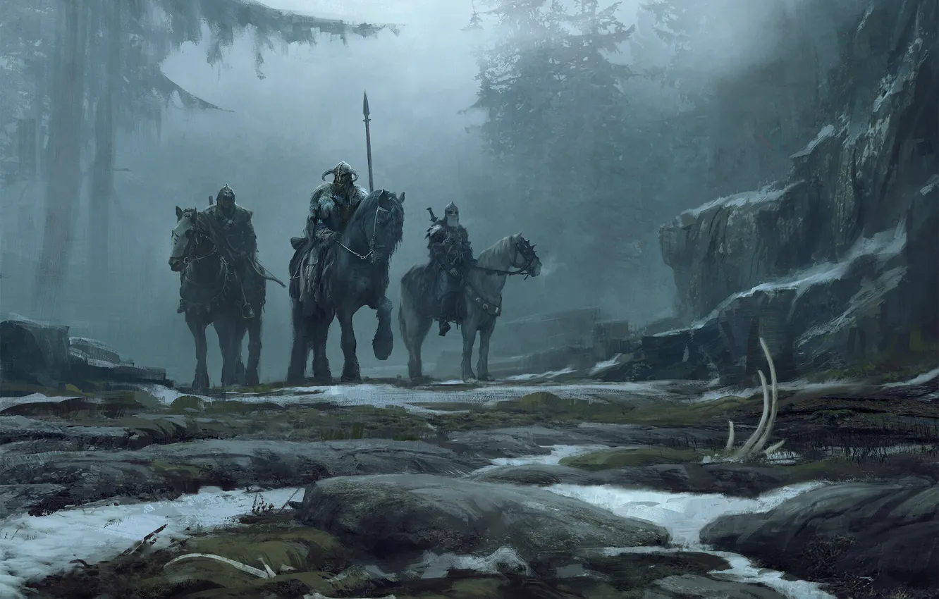 Photo wallpaper forest, fog, war, horse, rider, Gods, landscape, winter