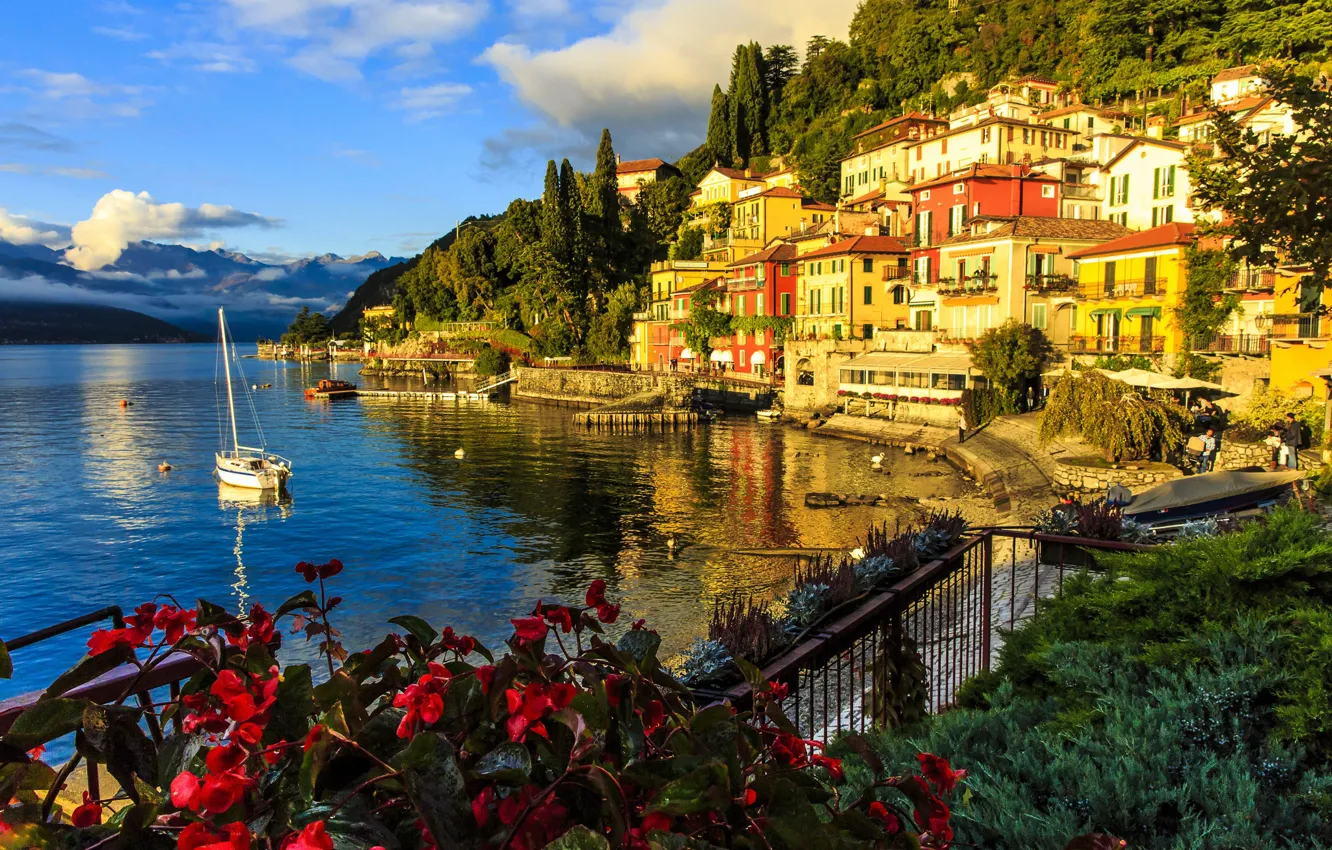 Photo wallpaper lake, building, home, yacht, Italy, promenade, Italy, lake Como