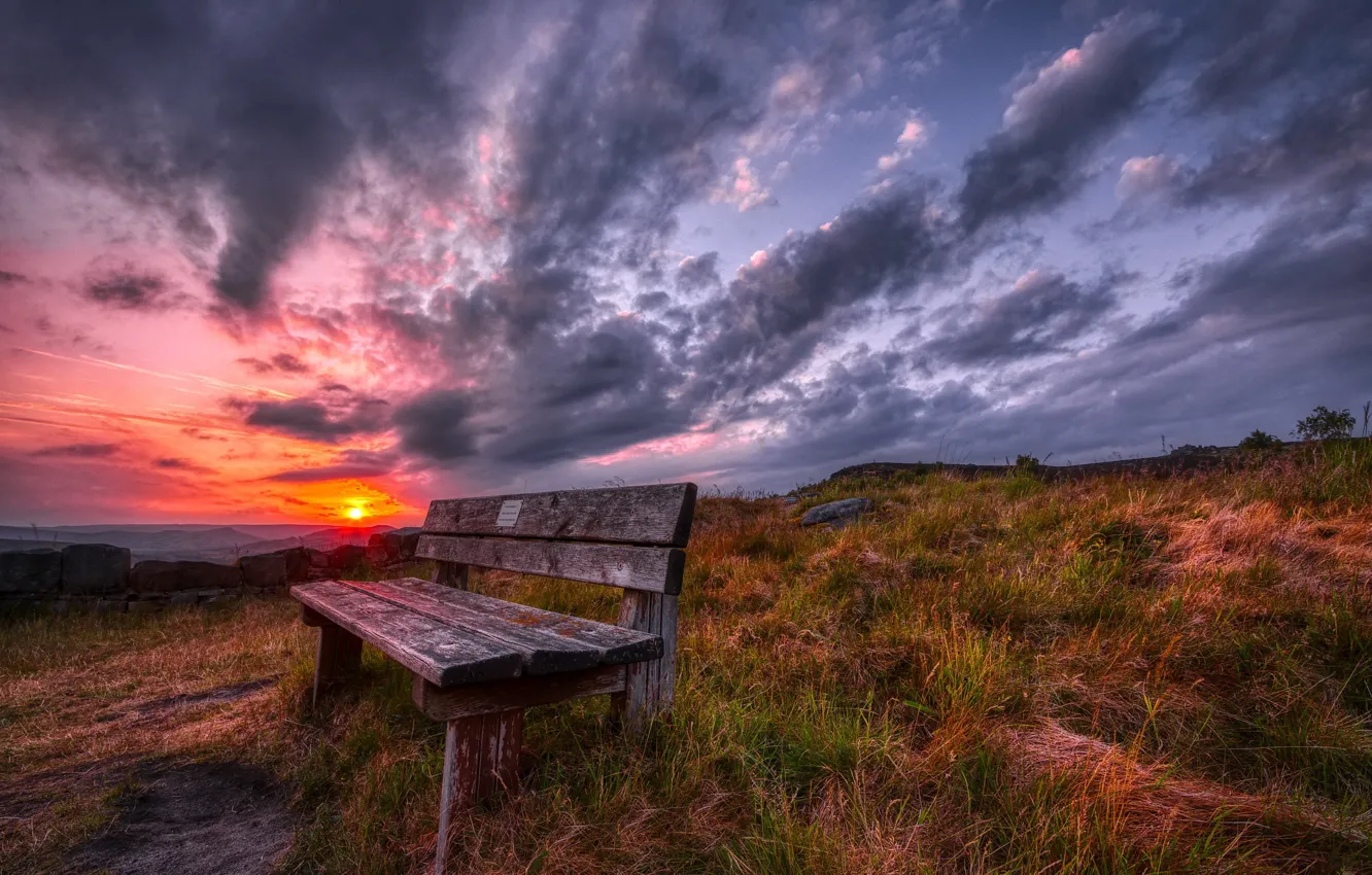 Photo wallpaper sunset, nature, bench