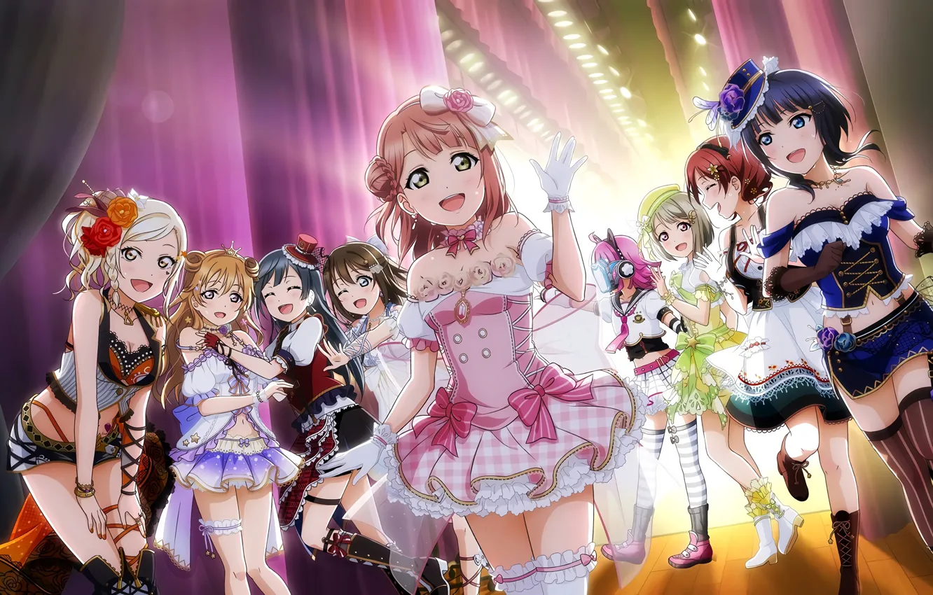 Photo wallpaper sexy, cleavage, blouse, thighhighs, pink hair, long hair, dress, girls