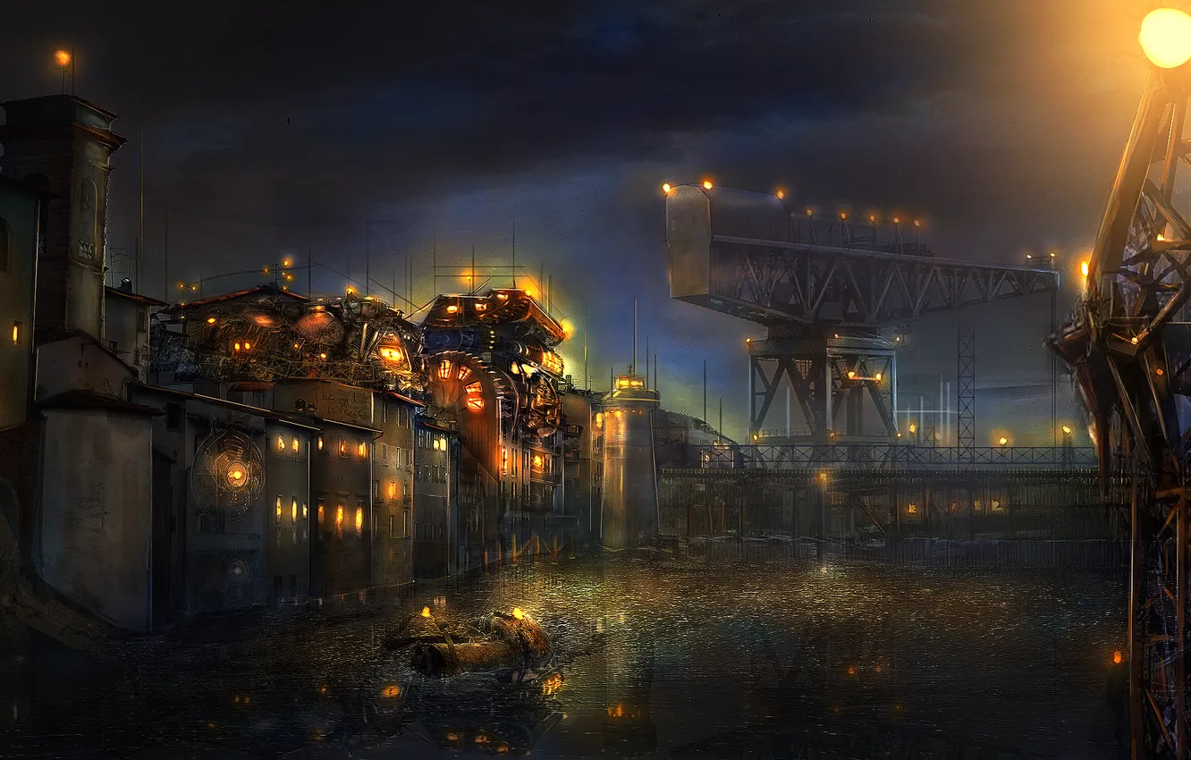 Photo wallpaper water, night, the city, lights, art