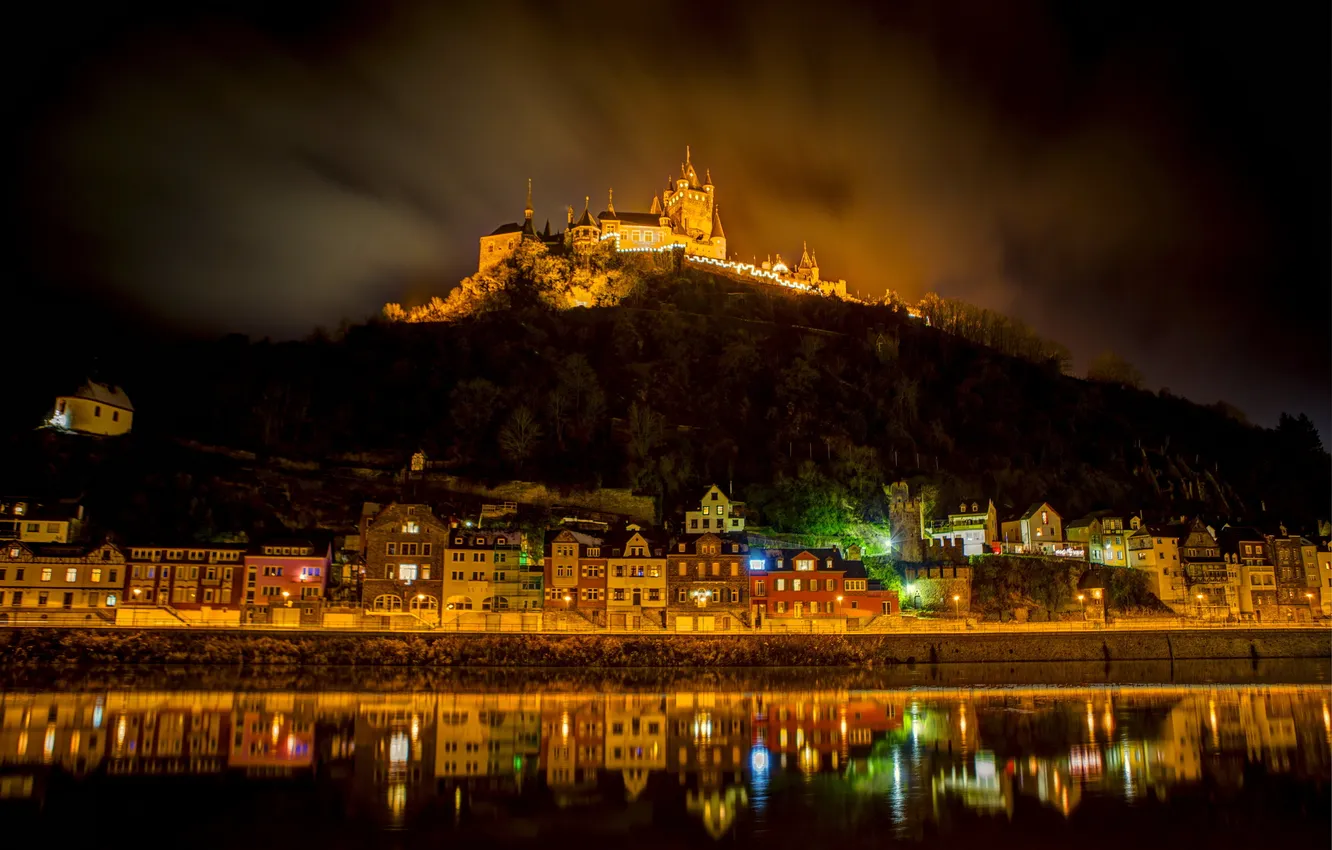 Photo wallpaper mountains, night, the city, castle, home, Germany, Germany, night