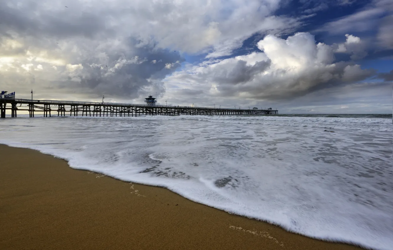 Photo wallpaper sea, clouds, shore, coast, pier, pierce