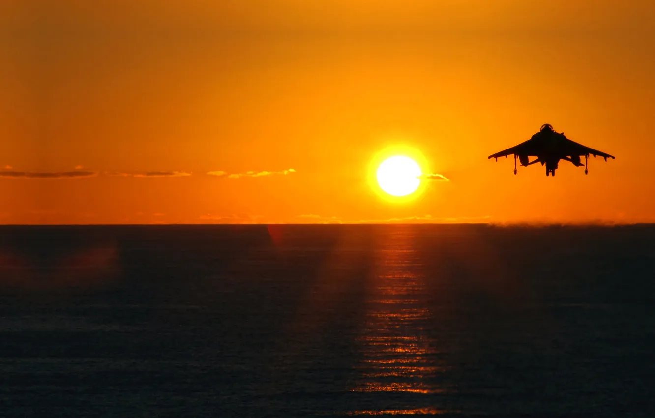 Photo wallpaper sea, the sky, the sun, aviation, sunset, the plane