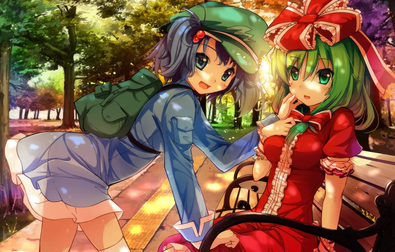 Photo wallpaper girl, trees, bench, the city, Park, shop, backpack, touhou