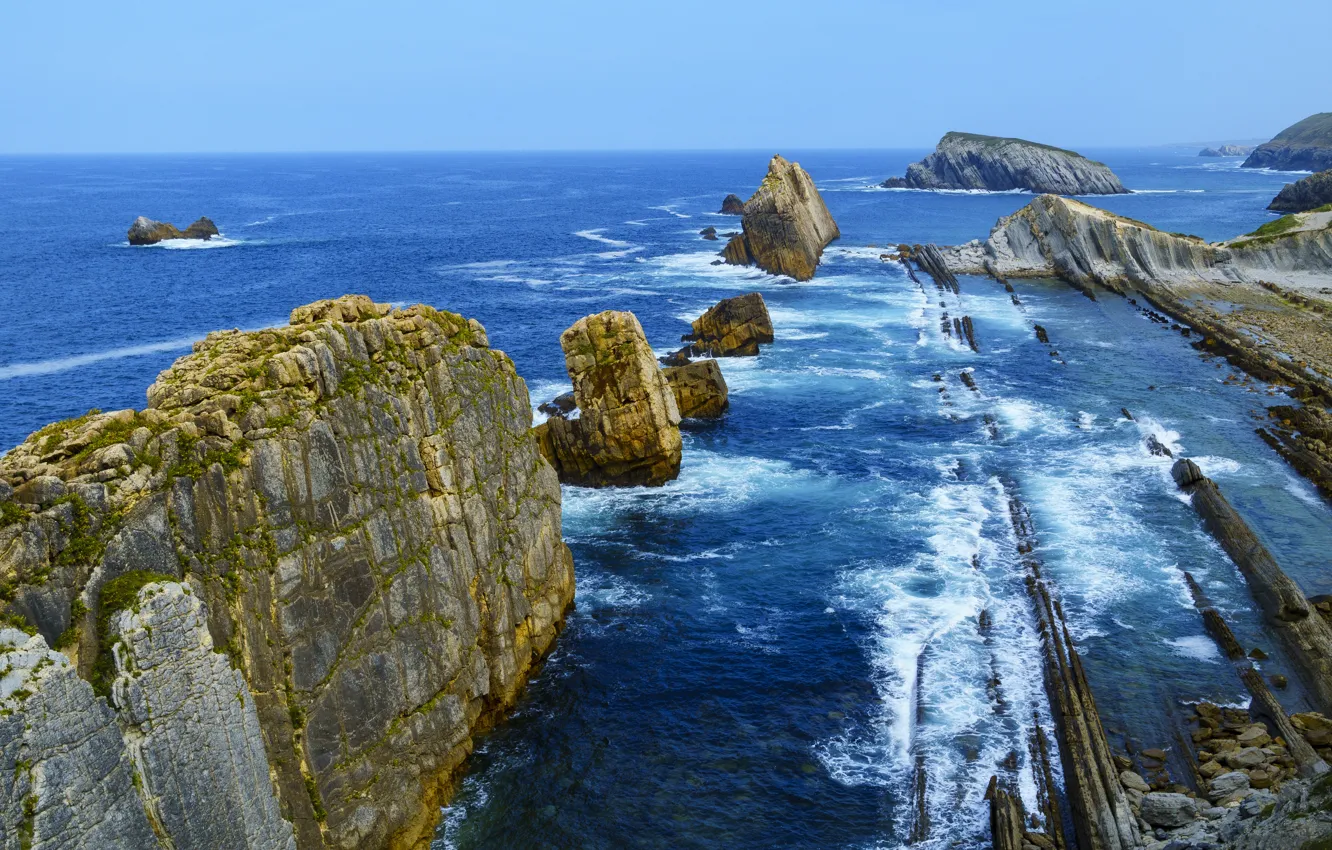 Photo wallpaper water, landscape, rocks, shore, Spain, Cantabria