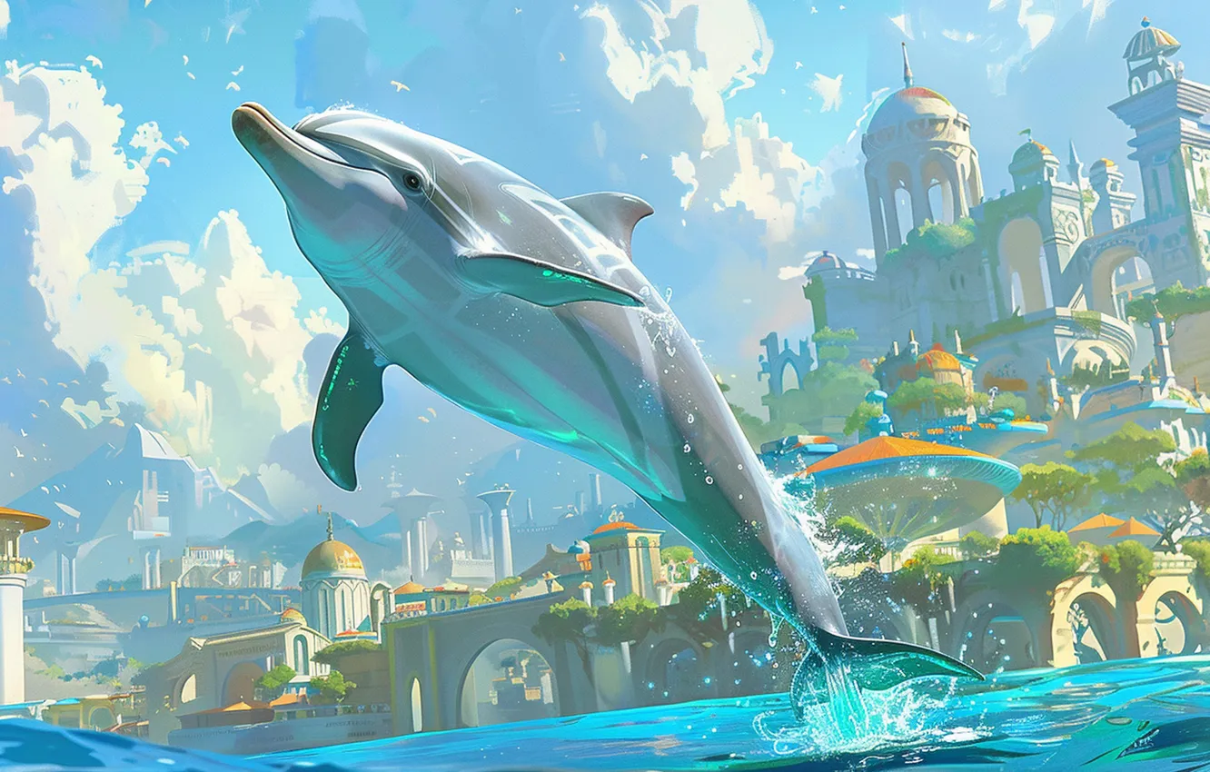 Photo wallpaper water, clouds, jump, home, dolphins, digital art, AI art, The Art of Artificial Intelligence