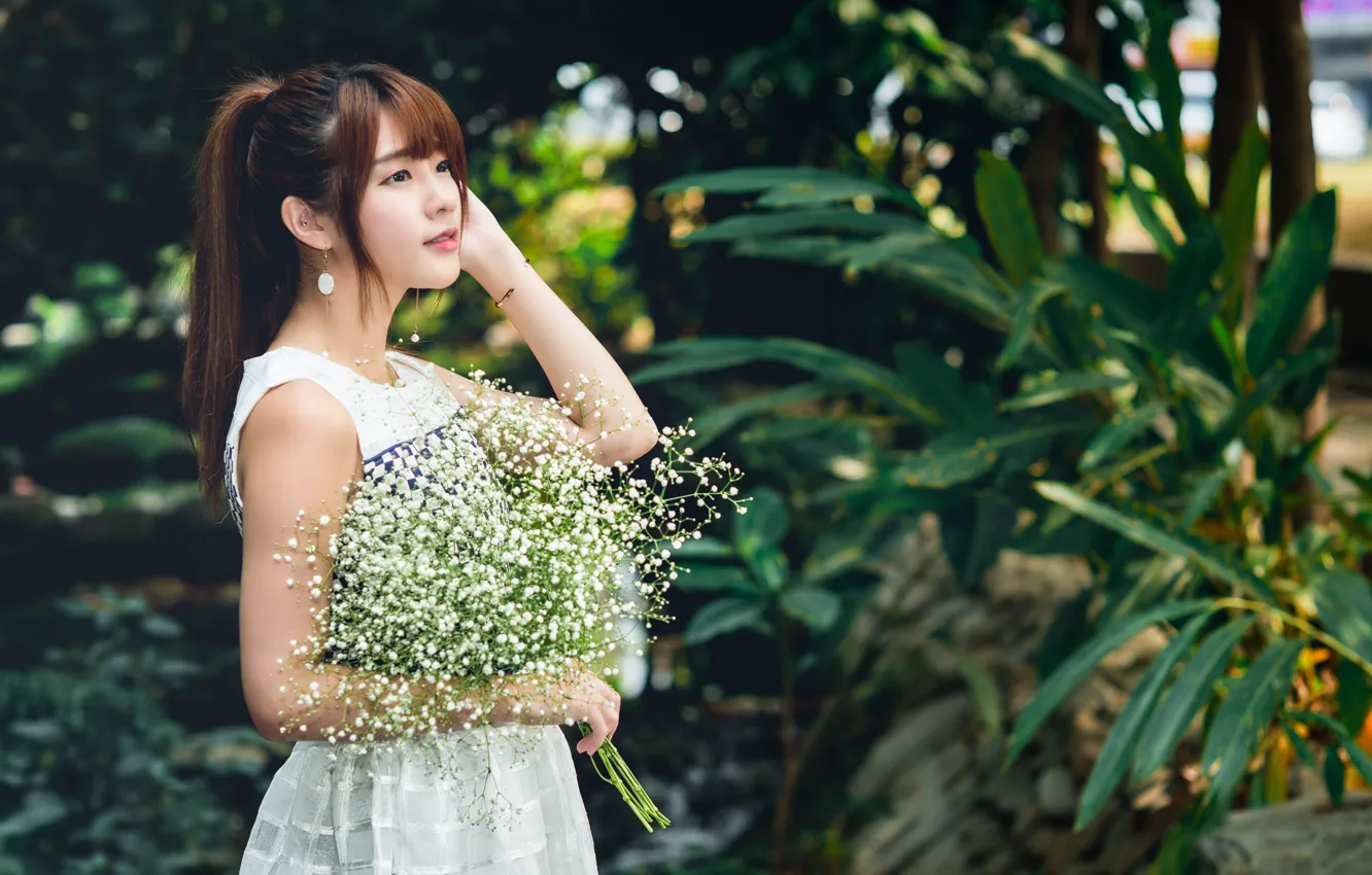 Photo wallpaper girl, flowers, bouquet, dress, Asian