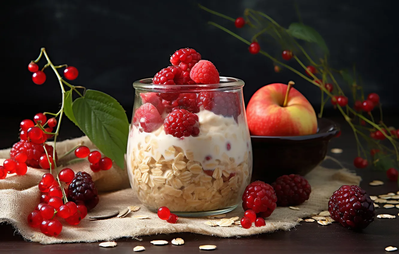 Photo wallpaper berries, raspberry, apples, food, muesli